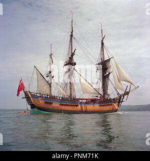 HM Bark Endeavour replica in Fishguard Bay Harbour. Pembrokeshire Wales UK while circumnavigating the world in 1997 Stock Photo