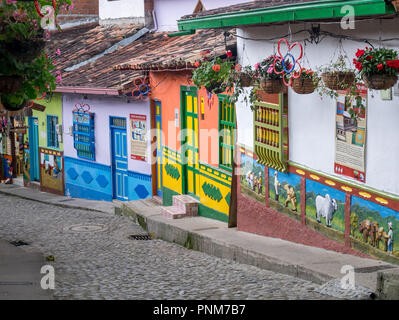 Brightly colored street in town of Guatape in Antioquia, Colombia Stock Photo