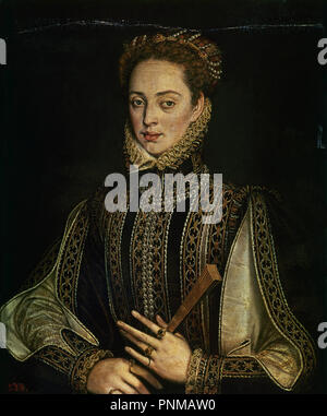 'Lady with Fan', 1570-1573, Oil on panel, 62,6 cm x 55 cm, P01142. Author: Sanchez Coello, Alonso. Location: MUSEO DEL PRADO-PINTURA. MADRID. SPAIN. Stock Photo