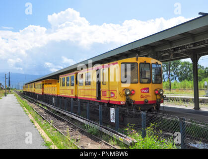 'The Little Yellow Train' at Latour-de-Carol, Pyrenees-Orientales, Occitanie, France Stock Photo