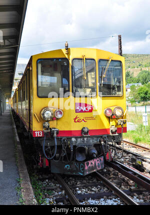 'The Little Yellow Train' at Latour-de-Carol, Pyrenees-Orientales, Occitanie, France Stock Photo