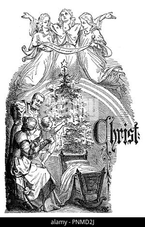 Typographic chapter heading, Christmas family at home , vintage engraving Stock Photo