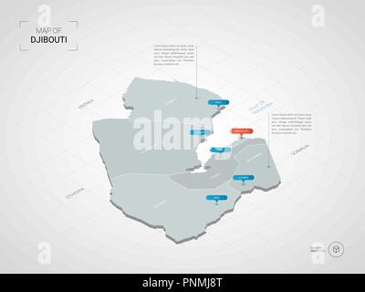 Isometric  3D Djibouti map. Stylized vector map illustration with cities, borders, capital, administrative divisions and pointer marks; gradient backg Stock Vector