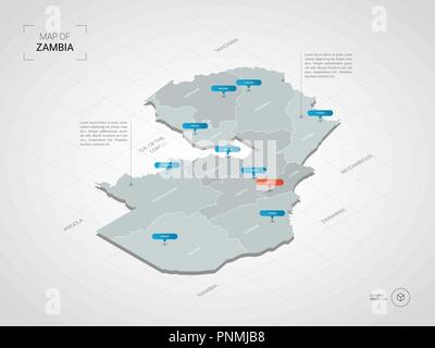 Isometric  3D Zambia map. Stylized vector map illustration with cities, borders, capital, administrative divisions and pointer marks; gradient backgro Stock Vector