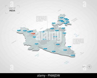 Isometric  3D India map. Stylized vector map illustration with cities, borders, capital, administrative divisions and pointer marks; gradient backgrou Stock Vector