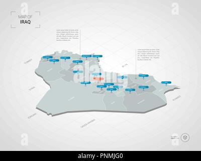 Isometric  3D Iraq map. Stylized vector map illustration with cities, borders, capital, administrative divisions and pointer marks; gradient backgroun Stock Vector