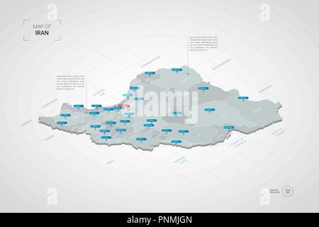Isometric  3D Iran map. Stylized vector map illustration with cities, borders, capital, administrative divisions and pointer marks; gradient backgroun Stock Vector