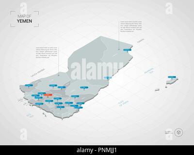 Isometric  3D Yemen map. Stylized vector map illustration with cities, borders, capital, administrative divisions and pointer marks; gradient backgrou Stock Vector