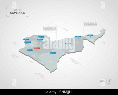 Isometric  3D Cameroon map. Stylized vector map illustration with cities, borders, capital, administrative divisions and pointer marks; gradient backg Stock Vector