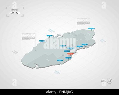 Isometric  3D Qatar map. Stylized vector map illustration with cities, borders, capital, administrative divisions and pointer marks; gradient backgrou Stock Vector