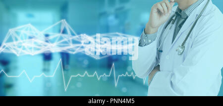 technology network in medical medicine concept, icon medical network connection with modern screen virtual interface with wire mesh technology on blue Stock Photo