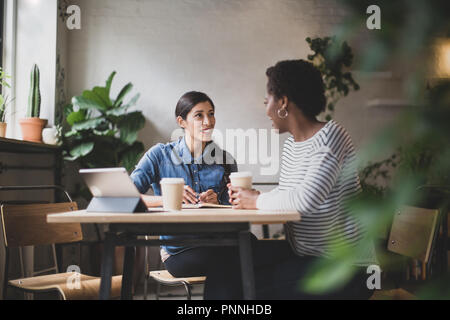 Female entrepreneurs having a meeting in a cafe Stock Photo