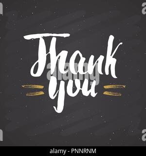 Thank you lettering quote, Hand drawn calligraphic sign. Vector illustration on chalkboard background. Stock Vector