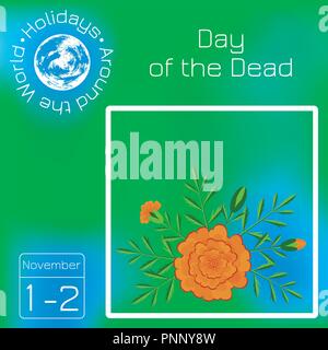 Day of the Dead. Mexican holiday. White background. Calendar. Holidays Around the World. Green blur background - name, date illustration Stock Vector