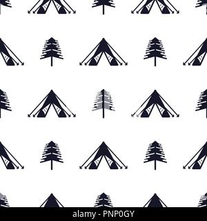 Tent and tree seamless pattern. Silhouette distressed style. Outdoor adventure equipment wallpaper background. Stock vector illustration isolated on white Stock Vector