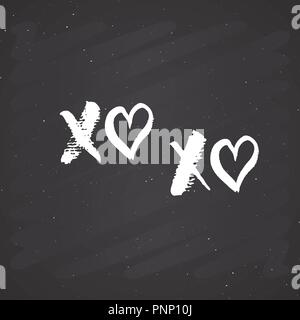 XOXO brush lettering sign, Grunge calligraphiv c hugs and kisses Phrase, Internet slang abbreviation XOXO symbols, vector illustration on chalkboard b Stock Vector