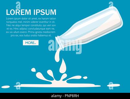 Pour milk from plastic bottle. Glass bottle. Web site page and mobile page design. Flat vector illustration on turquoise background. Stock Vector