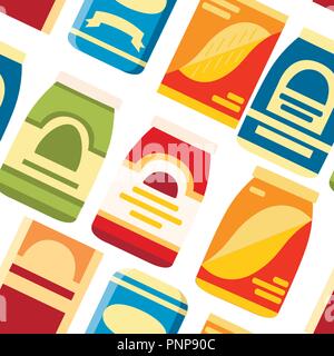 Seamless pattern. Packages for cereals. Paper and cardboard boxes for food. Flat vector template icon. Vector illustration on white background. Stock Vector