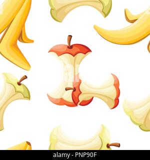 Seamless pattern. Organic garbage. Apple stub and banana peel. Cartoon design element for pollution environment and ecology. Flat vector illustration  Stock Vector