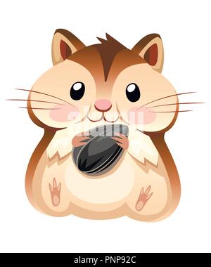 Cute hamster sit and holding a sunflower seed. Cartoon character design. Flat vector illustration isolated on white background. Stock Vector