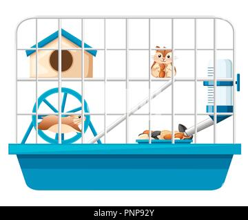 Cute hamster sit and holding nut, another hamster running in wheel. Hamster cage, wheel and automatic drinker. Cartoon character design. Flat vector i Stock Vector