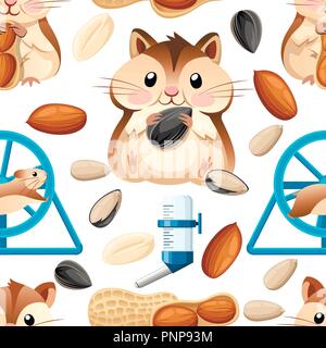 Seamless pattern. Cute hamster sit and holding a sunflower seed, and nut. Hamster cage, wheel and automatic drinker. Cartoon character design. Flat ve Stock Vector