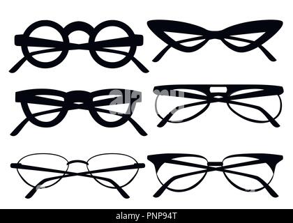 Set of black and white glasses. Collection of six cartoon glasses with transparent white glass. Flat vector illustration isolated on white background. Stock Vector