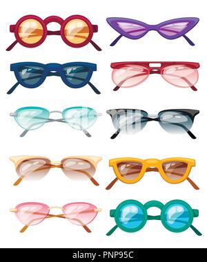 Set of colorful glasses. Collection of ten cartoon glasses with transparent colored glass. Polarized glasses. Flat vector illustration isolated on whi Stock Vector