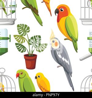 Seamless pattern. Cage with birds, water drinker and flower pot. Cartoon style icons. Flat vector illustration on white background. Stock Vector