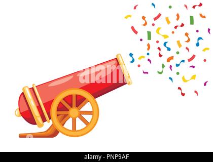 Ancient red cannon shots confetti. Circus cannon. Flat vector illustrator isolated on white background. Stock Vector