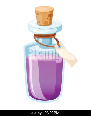 Bottle with potion. Game icon of magic elixir. Purple potion flat icon. Mana or magic elixir. Vector illustration isolated on white background. Stock Vector