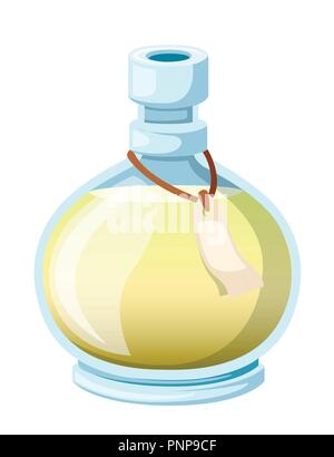 Bottle with potion. Game icon of magic elixir. Yellow potion flat icon. Mana or magic elixir. Vector illustration isolated on white background. Stock Vector