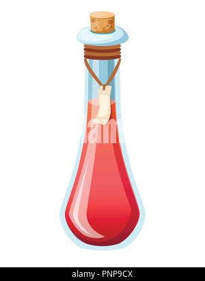 Bottle with potion. Game icon of magic elixir. Red potion flat icon. Health elixir. Vector illustration isolated on white background. Stock Vector