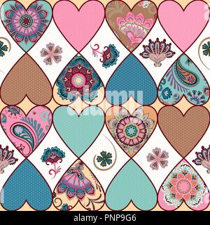 Seamless floral patchwork pattern with hearts and mandalas background. Vector Stock Vector