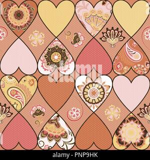 Seamless floral patchwork pattern with hearts and mandalas background. Vector Stock Vector