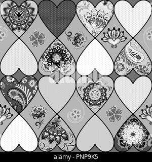 Vector ornate Heart, patchwork quilt pattern, mandala collage background. Colorful floral geometric doodle ornament in mosaic style Stock Vector
