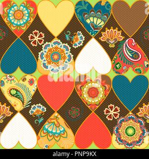 Vector ornate Heart, patchwork quilt pattern, mandala collage background. Colorful floral geometric doodle ornament in mosaic style Stock Vector