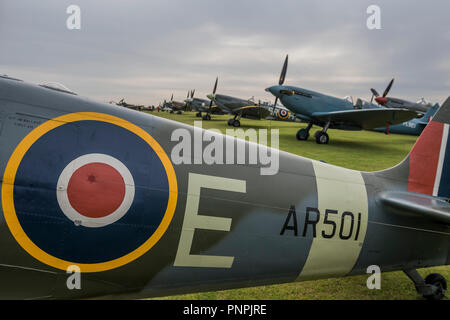 Duxford, UK. 22nd Sept 2018. Spitfires on the flight line - The Duxford Battle of Britain Air Show is a finale to the centenary of the Royal Air Force (RAF) with a celebration of 100 years of RAF history and a vision of its innovative future capability. Credit: Guy Bell/Alamy Live News Stock Photo