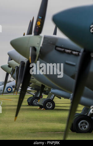 Duxford, UK. 22nd Sept 2018. Spitfires on the flight line - The Duxford Battle of Britain Air Show is a finale to the centenary of the Royal Air Force (RAF) with a celebration of 100 years of RAF history and a vision of its innovative future capability. Credit: Guy Bell/Alamy Live News Stock Photo