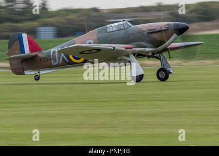 Duxford, UK. 22nd Sept 2018. TA Hurricane takes off - he Duxford Battle of Britain Air Show is a finale to the centenary of the Royal Air Force (RAF) with a celebration of 100 years of RAF history and a vision of its innovative future capability. Credit: Guy Bell/Alamy Live News Stock Photo