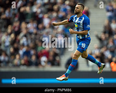 22 September 2018, Berlin: Soccer: Bundesliga, Hertha BSC vs Borussia Moenchengladbach, 4th matchday at the Olympic Stadium. Hertha's Vedad Ibisevic celebrating his scoring of the 1-1 equaliser. Photo: Soeren Stache/dpa - IMPORTANT NOTICE: DFL an d DFB regulations prohibit any use of photographs as image sequences and/or quasi-video. Stock Photo
