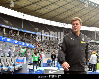 22 September 2018, Berlin: Soccer: Bundesliga, Hertha BSC vs Borussia Moenchengladbach, 4th matchday at the Olympic Stadium. Moenchengladbach head coach Dieter Hecking walking to an interview. Photo: Soeren Stache/dpa - IMPORTANT NOTICE: DFL an d DFB regulations prohibit any use of photographs as image sequences and/or quasi-video. Stock Photo