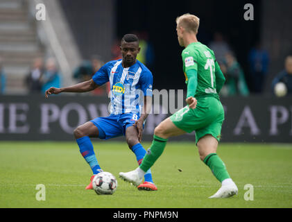 22 September 2018, Berlin: Soccer: Bundesliga, Hertha BSC vs Borussia Moenchengladbach, 4th matchday at the Olympic Stadium. Hertha's Salomon Kalou (L) against Moenchengladbach's Oscar Wendt. Photo: Soeren Stache/dpa - IMPORTANT NOTICE: DFL an d DFB regulations prohibit any use of photographs as image sequences and/or quasi-video. Stock Photo
