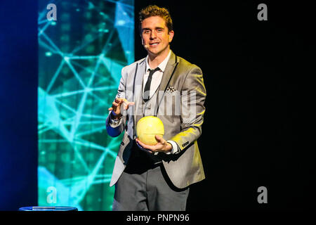 February 18, 2018 - Durham, North Carolina, U.S - Magician and illusionist ADAM TRENT performs in Durham, North Carolina as part of his 2018 Tour.   Adam Trent is part of The Illusionists.   The Illusionists is a touring magic production which features a rotating cast of 5 to 8 magicians who all specialise in specific branches of magic from stage illusions to mind reading to escapology and comedic magic. (Credit Image: © Andy Martin Jr./ZUMA Wire) Stock Photo