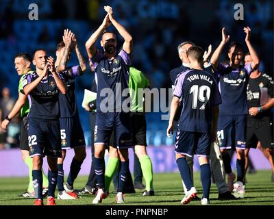 Viigo (Spain). Spanish first league football match Celta de Vigo vs Valladolid. Valladolid's players celebrate at the end of the Celta vs Valladolid football match at the Balaidos stadium in Vigo, on September 22, 2018. Â©  Rodriguez Alen  Cordon Press Stock Photo