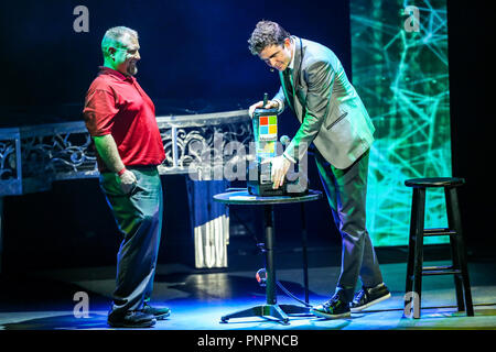 February 18, 2018 - Durham, North Carolina, U.S - Magician and illusionist ADAM TRENT performs in Durham, North Carolina as part of his 2018 Tour.   Adam Trent is part of The Illusionists.   The Illusionists is a touring magic production which features a rotating cast of 5 to 8 magicians who all specialise in specific branches of magic from stage illusions to mind reading to escapology and comedic magic. (Credit Image: © Andy Martin Jr./ZUMA Wire) Stock Photo