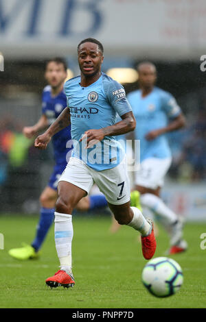 Cardiff, UK. 22nd September 2018. Raheem Sterling of Manchester city in action. Premier League match, Cardiff City v Manchester City at the Cardiff City Stadium on Saturday 22nd September 2018.  this image may only be used for Editorial purposes. Editorial use only, license required for commercial use. No use in betting, games or a single club/league/player publications. pic by  Andrew Orchard/Andrew Orchard sports photography/Alamy Live news Stock Photo