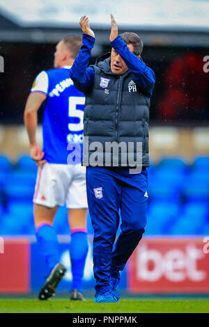 Portman Road, Ipswich, England; 22nd September 2018,  Sky Bet Championship Ipswich Town v Bolton Wonderers ; Paul Hurst manager of Ipswich applauds the fans.    Credit: Georgie Kerr/News Images    EDITORIAL USE ONLY No use with unauthorised audio, video, data, fixture lists, club/league logos or 'live' services. Online in-match use limited to 45 images, no video emulation. No use in betting, games or single club/league/player publications and all English Football League images are subject to DataCo Licence Credit: News Images /Alamy Live News Stock Photo