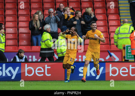 22nd September 2018, Bramall Lane, Sheffield, England; Sky Bet Championship Sheffield United v Preston North End ; Daniel Johnson of Preston celebrates his goal to make it 2-2    Credit: Mark Cosgrove/News Images    EDITORIAL USE ONLY No use with unauthorised audio, video, data, fixture lists, club/league logos or 'live' services. Online in-match use limited to 45 images, no video emulation. No use in betting, games or single club/league/player publications and all English Football League images are subject to DataCo Licence Stock Photo