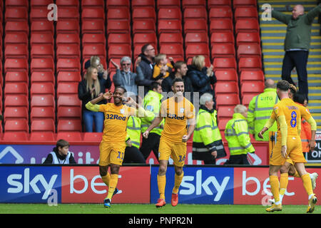 22nd September 2018, Bramall Lane, Sheffield, England; Sky Bet Championship Sheffield United v Preston North End ;  Daniel Johnson of Preston celebrates his goal to make it 2-2    Credit: Mark Cosgrove/News Images    EDITORIAL USE ONLY No use with unauthorised audio, video, data, fixture lists, club/league logos or 'live' services. Online in-match use limited to 45 images, no video emulation. No use in betting, games or single club/league/player publications and all English Football League images are subject to DataCo Licence Stock Photo